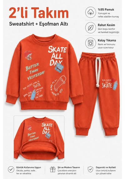 Ahengim Erkek Çocuk Kaykay Baskılı Sweatshirt Eşofman Altı 2 Li Takım 1-4 Yaş Ak115 Turuncu Ahengim Erkek Çocuk Kaykay Baskılı Sweatshirt Eşofman Altı 2 Li Takım 1-4 Yaş Ak115 Turuncu