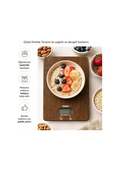 Dijital Mutfak Terazisi 5 Kg Kapasiteli 1 Gr Hassasiyetli Akasya Dikdörtgen 14x20 Cm Çok Renkli