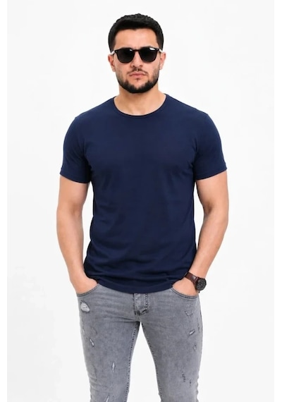 Defymoda Erkek Basic Tişört Bisiklet Yaka Kısa Kol Günlük Yazlık Slim Fit T-shirt - Lacivert