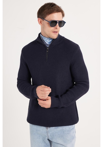 Tudors Erkek Slim Fit Dar Kesim Fermuarlı Lacivert Dik Yaka Triko Kazak-34922 Lacivert
