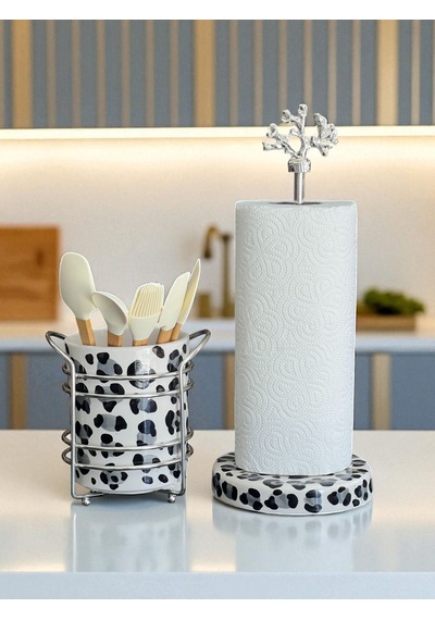 Kaşıklık - Kağıt Havluluk 2'li Set Gri Leopar Gümüş