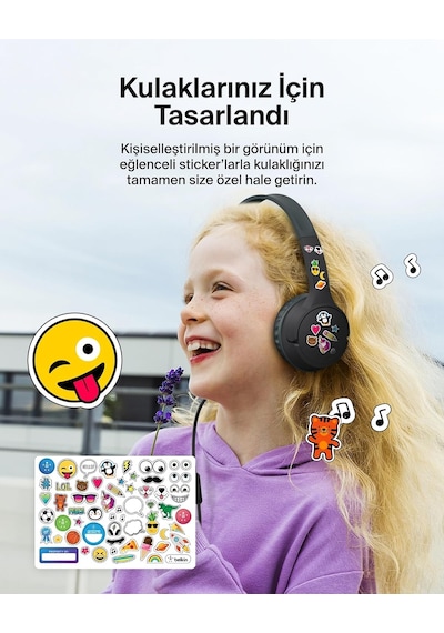 Soundform Mini Kids Kablolu Kulaklık Siyah Usb-c + 3,5 Mm Adaptör, Dahili Mikrofon, 85 Db Ses Sınırı, Eğlenceli Çıkartmalar, İphone, İpad, Galaxy Uyumlu