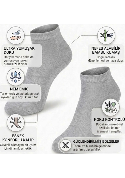 Elitse Erkek Bambu Patik Çorap 6'lı Paket, Siyah Beyaz Gri, Nefes Alan Nem Emici Yumuşak Günlük Spor Bilek Çorabı Siyah 6'lı