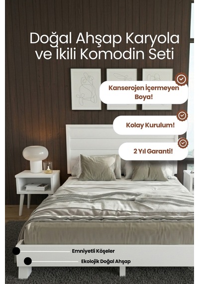 Hüma Yatay Başlıklı Masif Ahşap Karyola Ve 2 Adet Beyaz 100x200