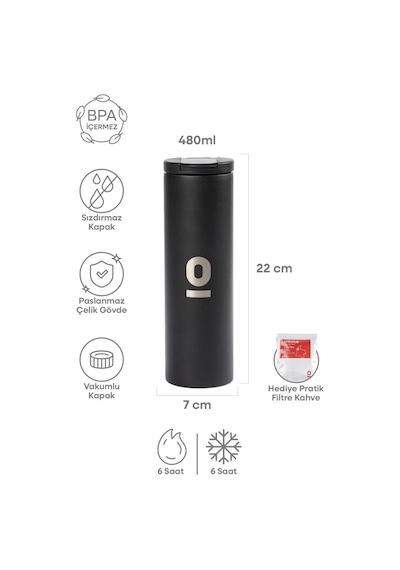 Paslanmaz Çelik Siyah Uzun Termos 480 ML No:50