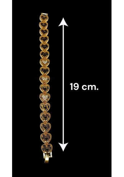 22 Ayar Altın Kaplama Kalp Motifli Kadın Bileklik - 19 Cm Zirkon Taşlı Lüks Tasarım Gold