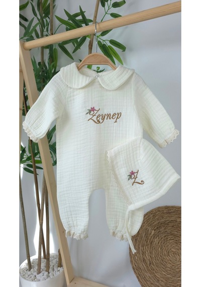 Gros Shop Müslin Yeni Doğan 4katlı Organik %100pamuk Kişiye Özgü Nakışlı Hastane Çıkış Seti Papatya-3 Ekru-2