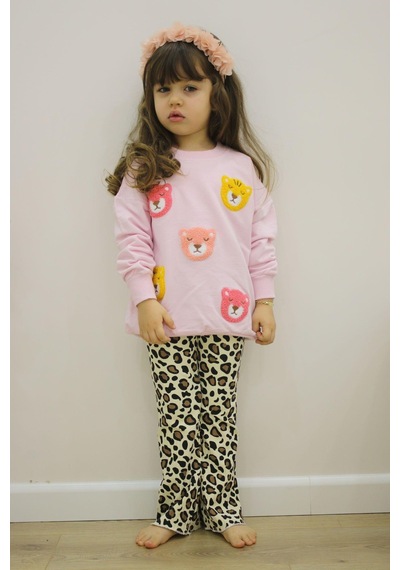 Miniko Kids Kız Çocuk Ayıcık Modelli Uzun Kol Pamuk Taytlı Takım Pembe