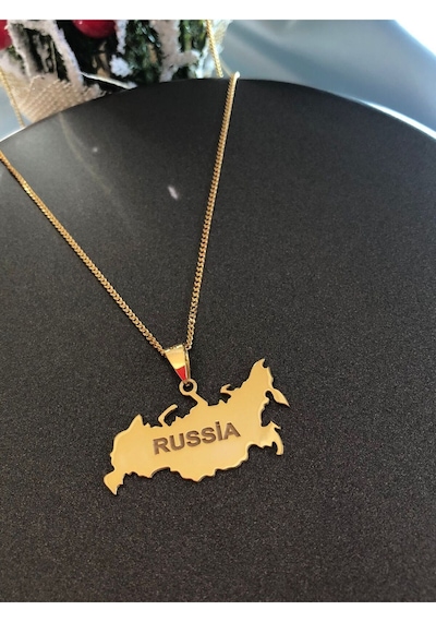 Vog Rusya Russia Haritası Bayrağı Sarı Renk 925 Ayar Gümüş Ülke Kolye