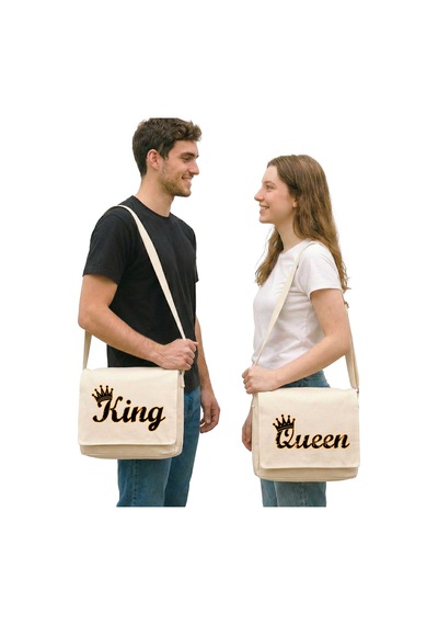 King Queen 1 Sevgili Çift Postacı Çantası Kanvas Krem Kanvas Postacı Çantası