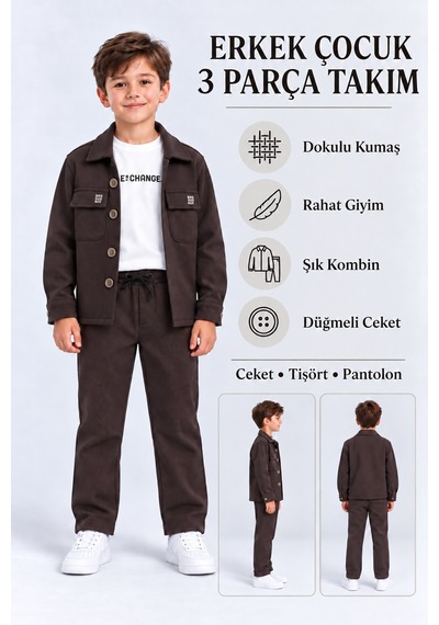 Ahengim Şık Erkek Çocuk 3 Lü Giyim Seti Ceket, Baskılı Tişört Ve Pantolon Takımı Ak6218 Kahverengi Ahengim Şık Erkek Çocuk 3 Lü Giyim Seti Ceket, Baskılı Tişört Ve Pantolon Takımı Ak6218 Kahverengi