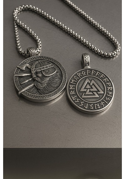 Paslanmaz Çelik 2 Li Viking Kolye Seti Valknut Ve Savaşçı Sembolü Erkek Kolye Gümüş