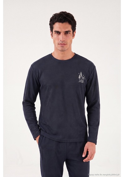 Buratti Yumuşak Dokulu Minimal Nakışlı Uzun Kollu Pijama Takımı Erkek Pijama Takımı 6575009 Lacivert