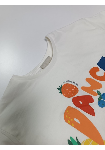 Ekru Bisiklet Yaka Baskılı Kısa Kollu Kız Çocuk Tişört/t-shirt Ekru