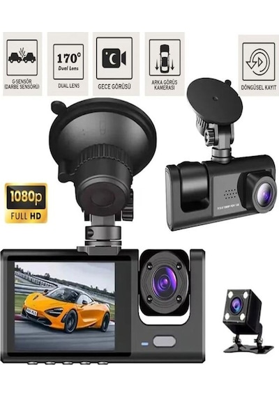 Araç İçi Kamera 1080p 3 Kameralı Ips Ekran G Sensör Gece Görüş Ultra Geniş Açılı 4k 64gb Kart