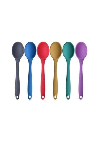 Silikon Büyük Boy Kaşık Seti, Yanmaz Yapışmaz, Çok Renkli - Mavi, Sarı, Yeşil, Kırmızı, Antrasit, Mor - 27 Cm, 6 Adet Set, Bpa Free