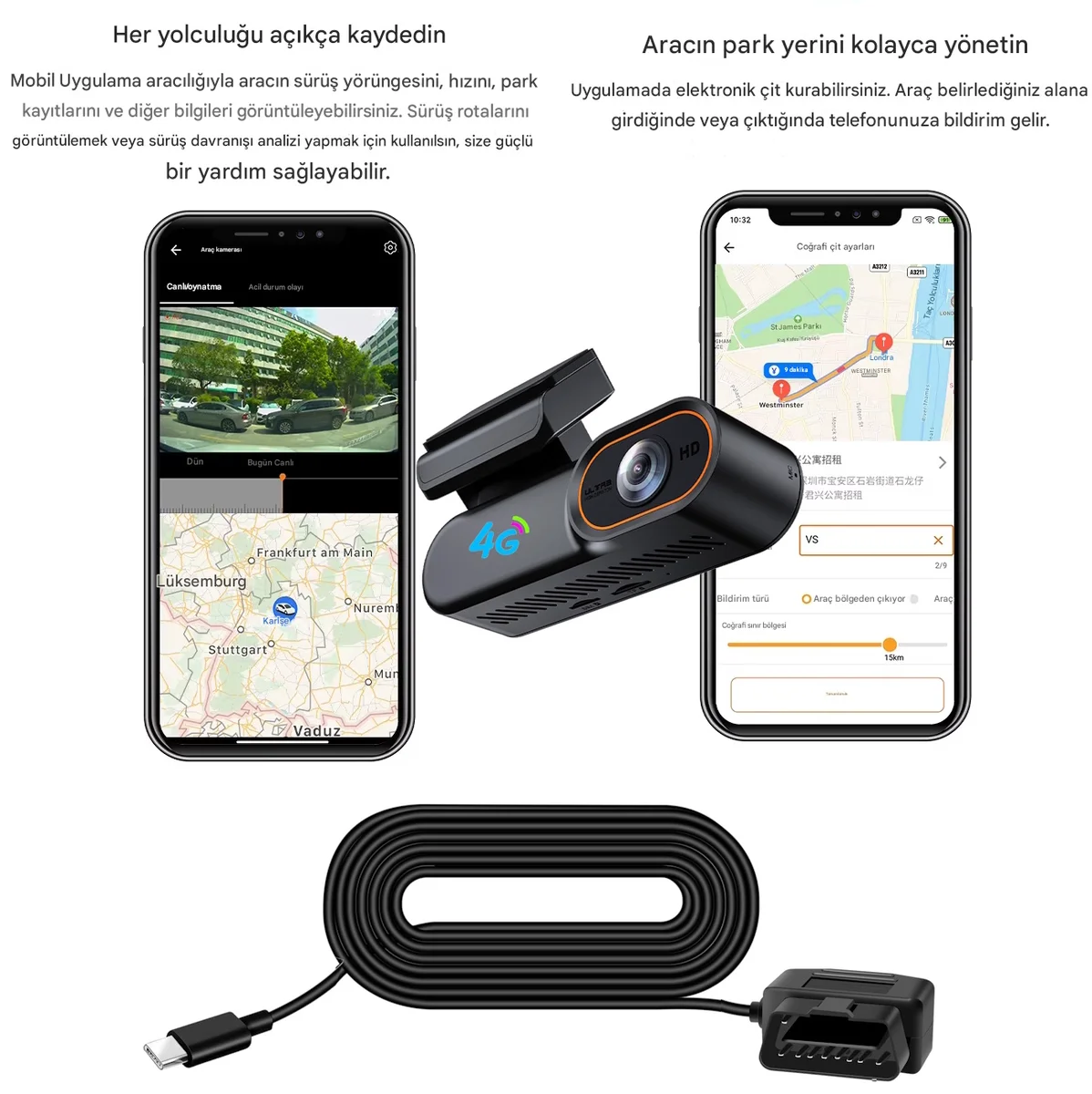 O-kam Araç Içi Kamera Uzaktan Araç Kamerasını İzleme 1080p Kamera Gps +1 Yıl Turkell İnternet