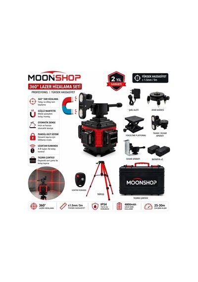 Moonshop 360 Yeşil Lazer Hizalama Seti Şarjlı 16 Çizgili Tripodlu Profesyonel Lazer Terazi