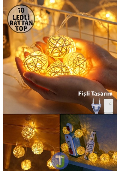 Technojet Dekoratif Rattan Model Fişli Şerit Top Led Yılbaşı Parti Doğum Günü Süsleme 10'lu