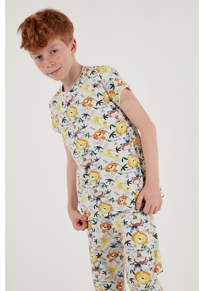 Lela Desenli % 100 Pamuk Bisiklet Yaka Erkek Çocuk Pijama Takımı 6651003 Ekru-Sarı