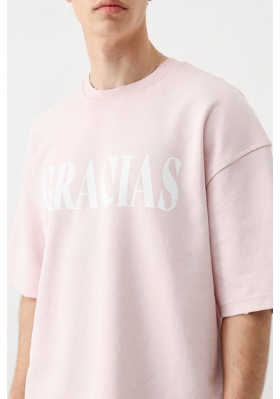 Vamos Oversize Baskılı Tişört V70-143 Pembe