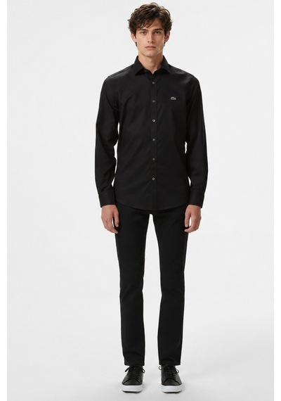 Lacoste Men's Slim Fit Button-down Collar Linen Shirt Erkek Düğmeli Yaka Pamuklu Gömlek Siyah