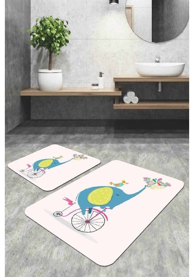 Pudra Fil Desenli Banyo Halısı Klozet 2'li Paspas Seti Bs320n11