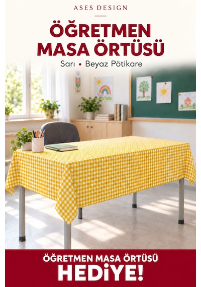 Sarı Beyaz 5'li Lastikli Sıra Örtüsü, 100x140 Cm Öğretmen Masa Örtüsü Hediye