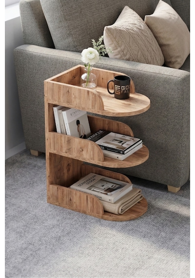 Yan Sehpa Modern 3 Katlı Kitaplıklı Çok Amaçlı Dekoratif Sehpa Minimal Tasarım 6103 Traverten Kahverengi