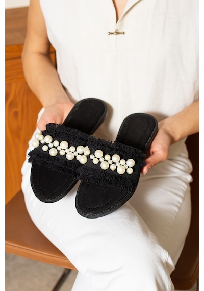 Dabab Shoes Mınoa Kadın İnci Detaylı Hasır Dokulu Düz Siyah Terlik