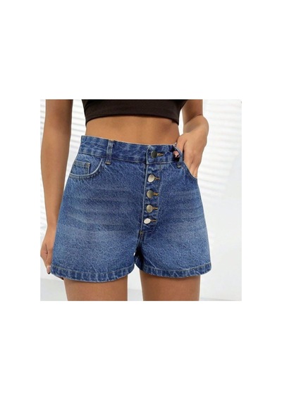 Kene Jeans Patlet Düğmeli Mavi İşlemli Kot Şort Mavi İşlemli