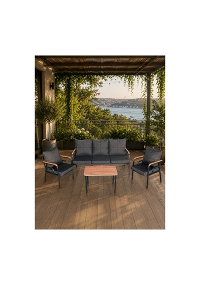 Bahçe Balkon Mobilyası 3+1+1 Sehbalı Süngerli Takım Gri Gri