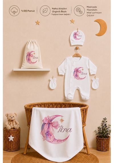 Pia Baby İsim Baskılı Kız Bebek Hastane Çıkışı Battaniyeli Tulum Takımı %100 Pamuk Kıyafet Kesesi Yeni Doğan Bebek Hediyesi 1068btk0x Ekru