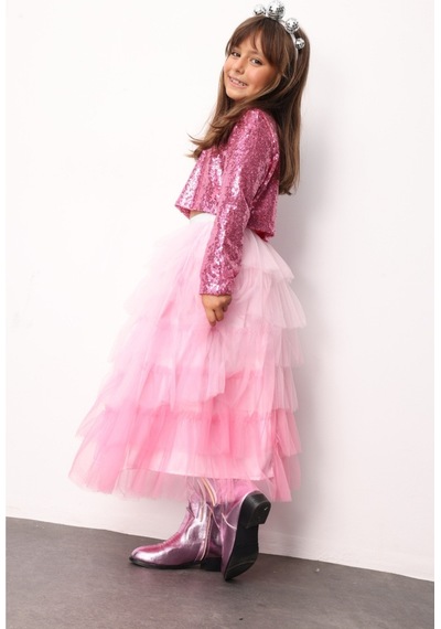 Le Mabelle Pembe Katlı Tüllü Kız Çocuk Uzun Etek - Azalea Pembe