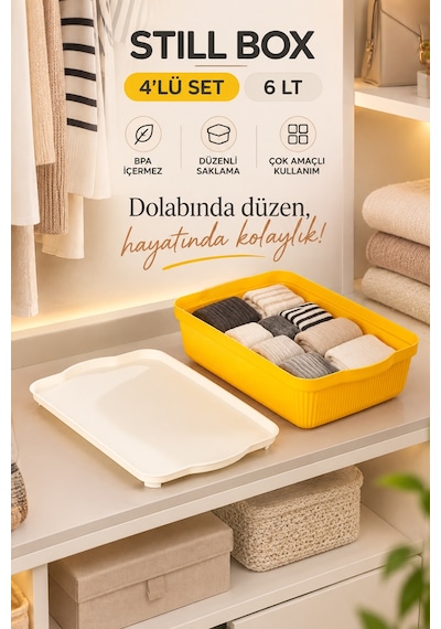 Porsima 4517 Mix Still Box 4'lü Kapaklı Saklama Kabı Seti 6 Lt Mutfak, Buzdolabı & Dolap İçi Düzenleyici Kutu Çok Renkli