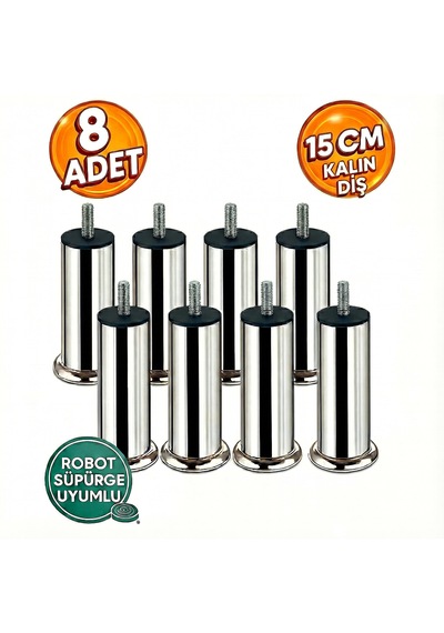 Baza Koltuk Kanepe Mobilya Ayağı Kalın Diş Metrik 3/8 Krom 15cm 8 Adet Vida Ölçüsüne Dikkat Metal Krom