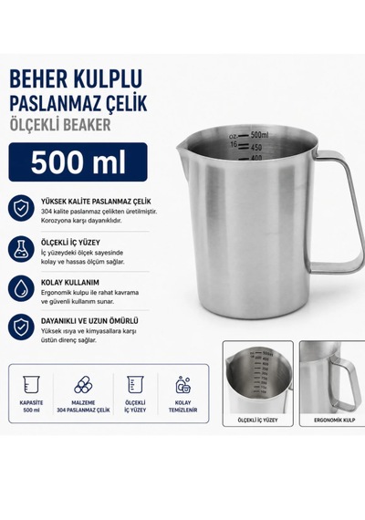 Beher Kulplu Paslanmaz Çelik 500 Ml - Ölçekli Beaker