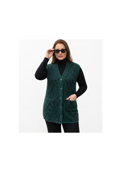 Onno Style Women Baklava Karyağdı Desen Çelik Örgü Klasik Triko Kadın Yelek Yeşil