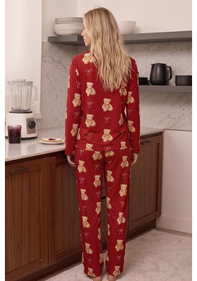 Siyah İnci Desenli Termal Kumaşlı Ultra Soft Yumuşak Düğmeli Örme Pijama Takımı 26226120 Kırmızı