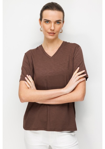 Kadın V Yaka Flamlı Kumaş Basic Tshirt K.kahve Kahve