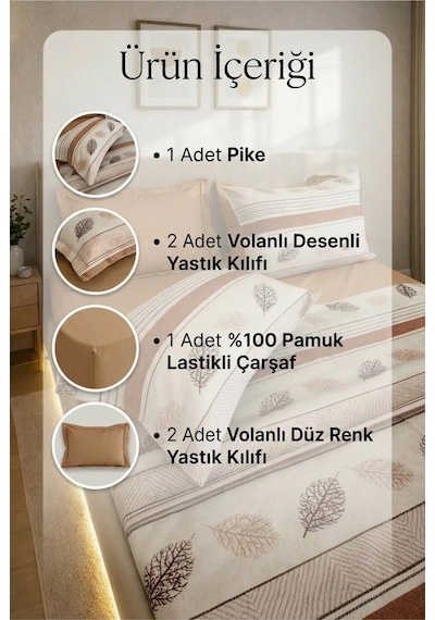 %100 Pamuk Pike Takımı 6 Parça Lastikli Çarşaflı Mor Desenli Çift Kişilik Camel