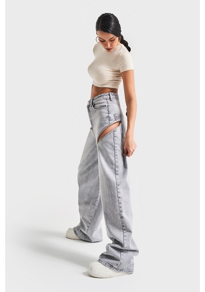 Itsbasic Kadın Gri Renk 4s5-12 Palazzo Fit Bol Kesim %100 Koton Fermuar Detaylı Tasarım Denim Jean