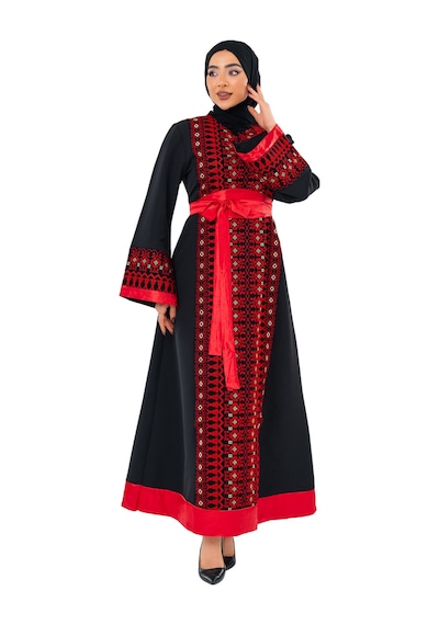 Zaytoon Uzun Kollu Tek Taraflı Nakışlı Kırmızı Kemerli Filistin Elbise C100057 Kırmızı