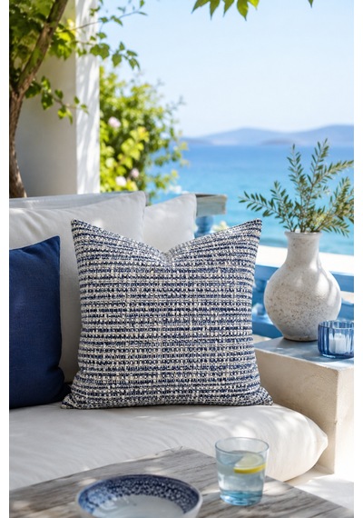 Fuly Consept Coastweave Aegean Dekoratif Kırlent Kılıfı Mavi Beyaz Dokuma Görünümlü Coastal & Akdeniz Stil Kırlent