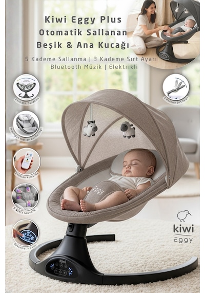 Kiwi Eggy Plus Elektrikli Otomatik Sallanan Bebek Ana Kucağı, 5 Farklı Sallanma Hızı, Oyuncaklı, Latte