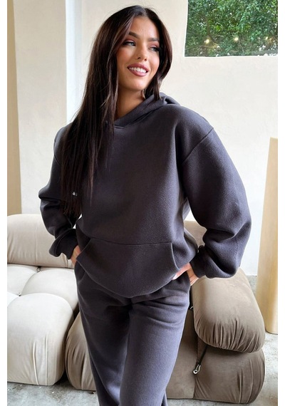 Basic Düz Eşofman Takımı Sweatshirt Jogger - Füme Oversize Şardonlu Kapüşonlu Füme