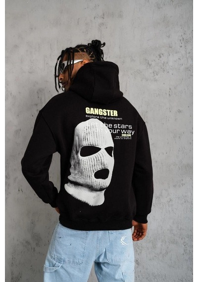 Barlashive Erkek Baskılı Kapüşonlu 3 İplik Pamuklu Hoodie Sweatshirt - Siyah Çok Renkli