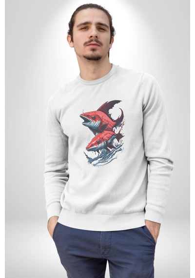 Kırmızı Japon Balığı Unisex Beyaz Baskılı Sweatshirt Beyaz