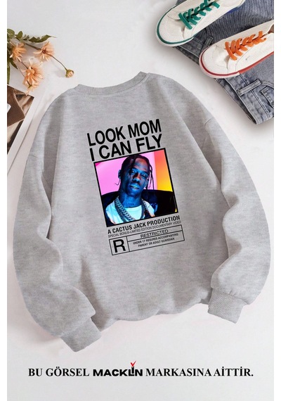 Macklin Unisex Kadın Erkek Travis Scott Cactus Jack Özel Tasarım Baskılı Bisiklet Yaka Sweatshirt Gri2 Mck1301 Gri