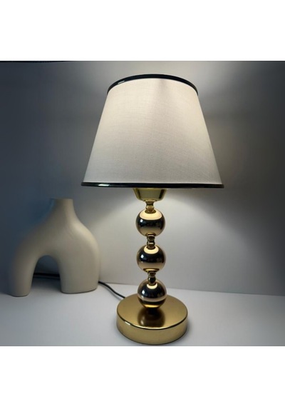 Elegance Gold Metal Ayaklı Şeritli Kumaş Başlık Abajur Dekoratif Gece Lambası Altın - Krem